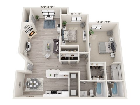 Floor plan for 2 beds, 2 baths, 1050 sqft